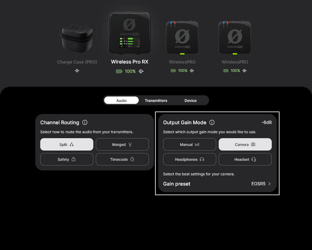 Camera presets in RØDE Central for Wireless PRO